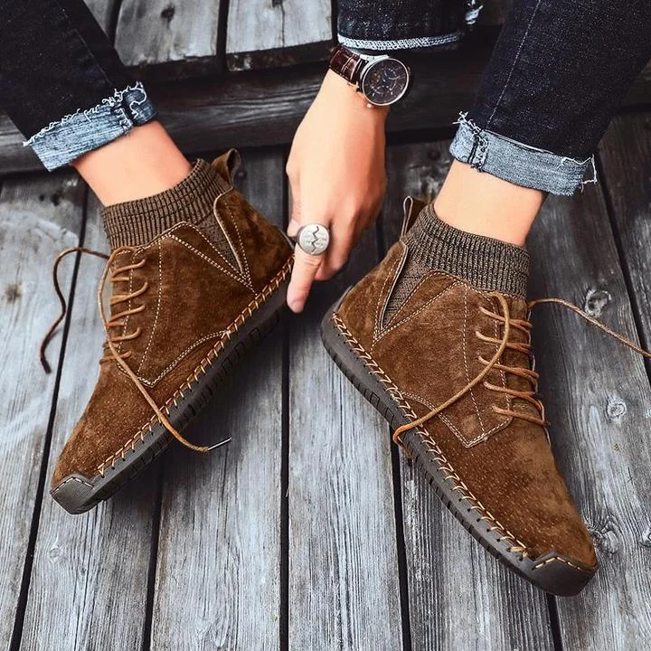 Men Suede Fabric Hand Stitching Warm Plush Lining Ankle Boots - Image 4