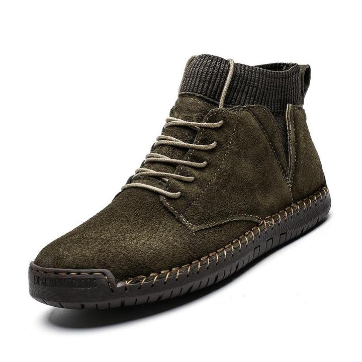 Men Suede Fabric Hand Stitching Warm Plush Lining Ankle Boots- Wowelo