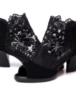 Lace Mesh Insert Chunky Heeled Boots