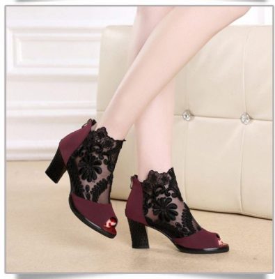 Lace Mesh Insert Chunky Heeled Boots - Buy Today 75% OFF – Wowelo