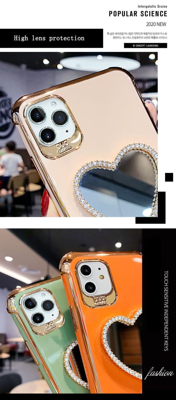 Най-новият луксозен калъф за iPhone със защита от въздушна възглавница за 2021 г. с топка косми с огледало във формата на сърце
