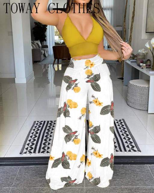 Crochet Lace Halter Crop Top & Wide Leg Pants Set