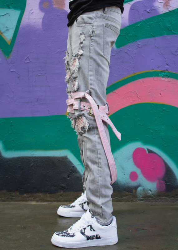 Locked & Loaded 牛仔褲 - 肩帶和寶石 - 灰色和粉色 - LL102