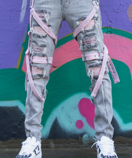 Locked & Loaded Jeans - Straps And Stones - Grey And Pink - LL102
