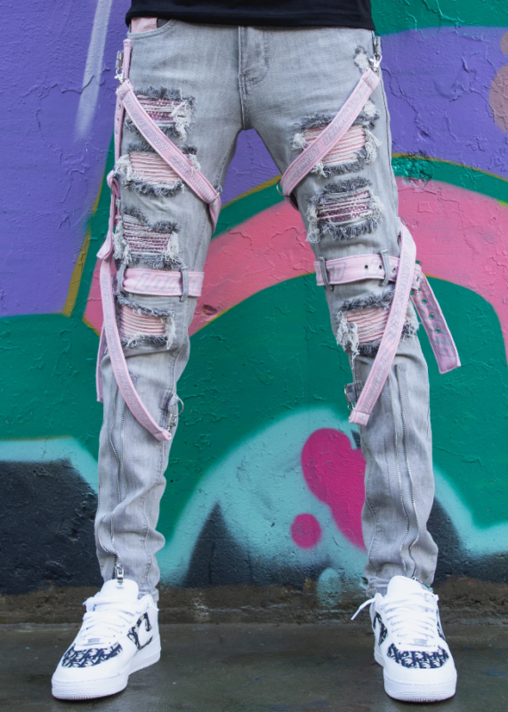 Jeans Locked & Loaded - Straps And Stones - Gris And Pink - LL102