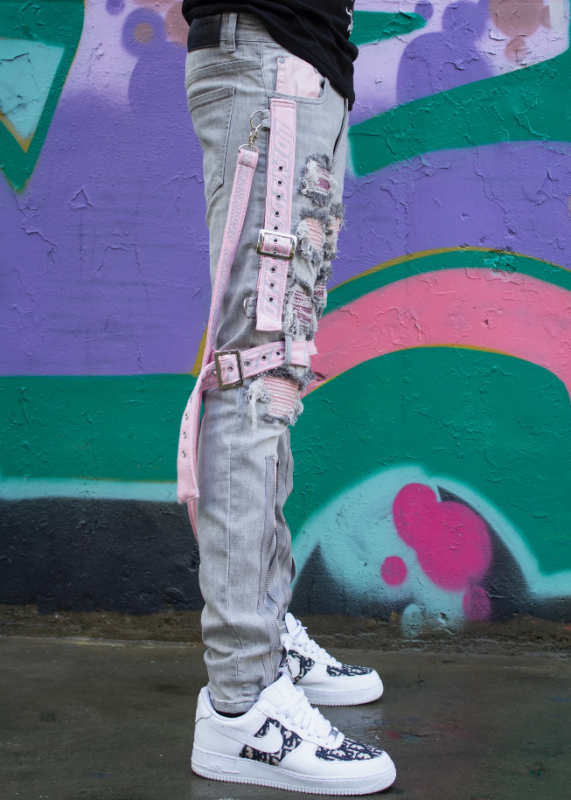 Locked & Loaded 牛仔裤 - 肩带和宝石 - 灰色和粉色 - LL102