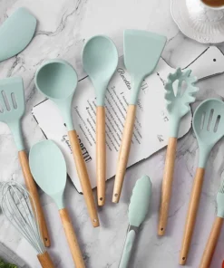 12pcs Wooden Handle Silicone Kitchenware Set Cooking Shovel Spoon Bucket Rack Tools