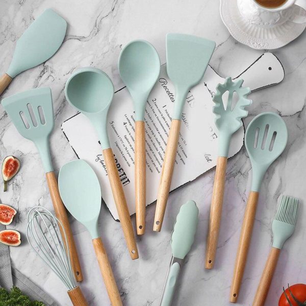 12pcs Wooden Handle Silicone Kitchenware Set Cooking Shovel Spoon Bucket Rack Tools