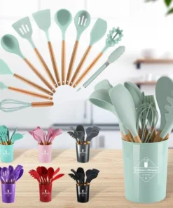 12pcs Wooden Handle Silicone Kitchenware Set Cooking Shovel Spoon Bucket Rack Tools