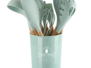 12pcs Wooden Handle Silicone Kitchenware Set Cooking Shovel Spoon Bucket Rack Tools