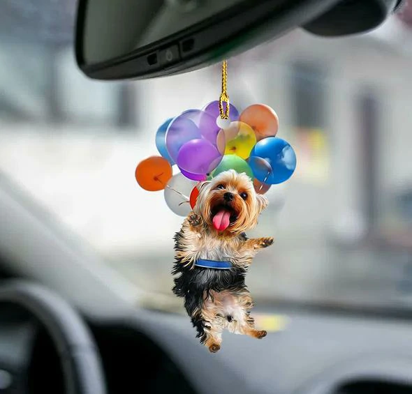 Yorkshire Terrier Anjing Ngapung Jeung Gelembung Mobil Gantung Ornamen-2D Pangaruh