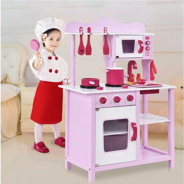 Xoguete de madeira de cociña para nenos Xogo de simulación de cociña Banco de ferramentas de madeira para nenos