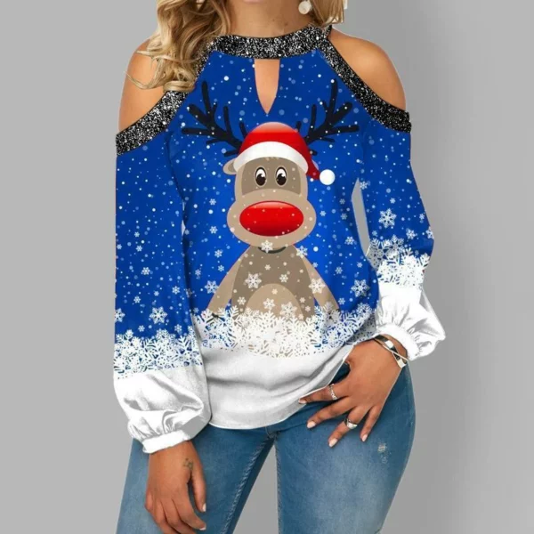 2021 New Fashion Christmas Elg Print Paljett Off Shoulder Topp Langermet T-skjorte