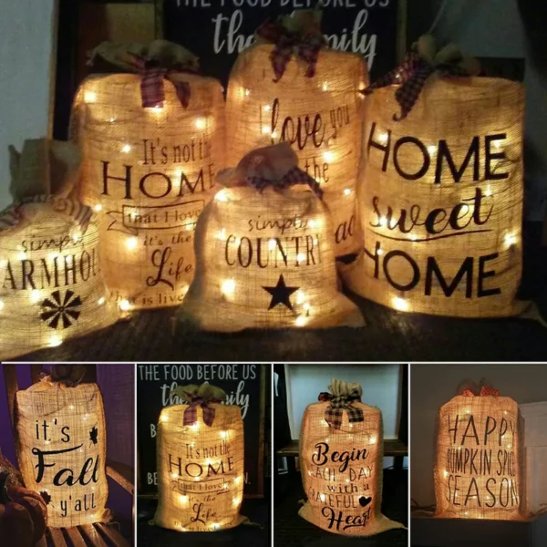 Lighted Burlap Sacks