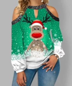 ម៉ូដថ្មី 2021 Christmas Elk Print Sequin Off Shoulder T-Shirt អាវយឺតដៃវែង