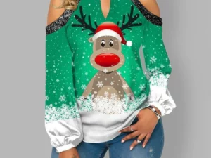 2021 New Fashion Christmas Elk Print Sequin Off Shoulder Top Long Sleeve T-Shirt