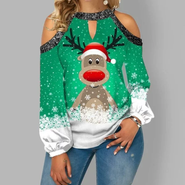 Нова модна божиќна маичка со долги ракави од горниот дел од рамениците со отпечаток од елен принт
