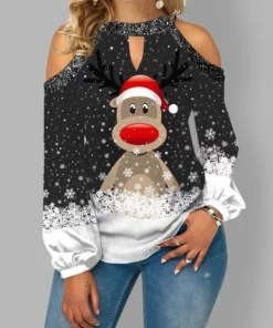 2021 New Fashion Christmas Elk Print Sequin Off Shoulder Top Long Sleeve T-Shirt