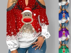 2021 New Fashion Christmas Elk Print Sequin Off Shoulder Top Long Sleeve T-Shirt