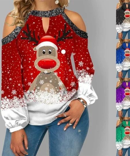2021-es új divatos karácsonyi jávorszarvas mintás flitteres vállfülű hosszú ujjú póló
