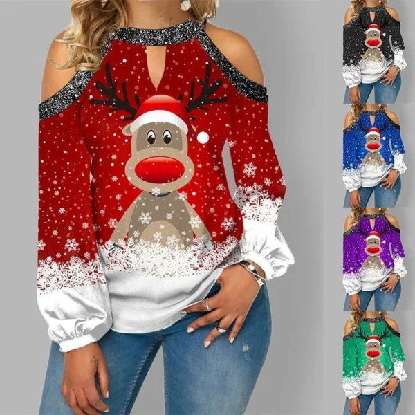 2021-es új divatos karácsonyi jávorszarvas mintás flitteres vállfülű hosszú ujjú póló