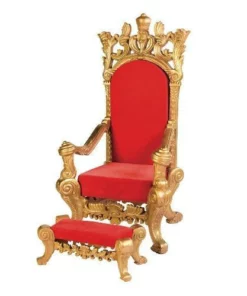 მორთული ოქროს და წითელი სანტას სკამი ფეხის საყრდენით