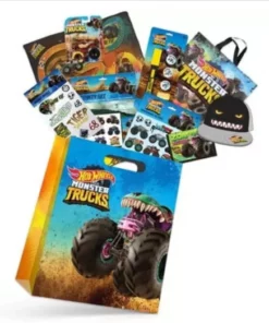 HOT WHEELS MONSTER TRUCK SHOWBAG 20 W/ ACTIVITY SET/CAP/HELMET DECALS/WALLET