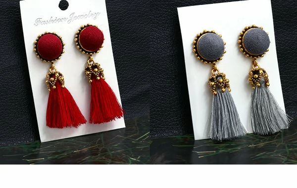 Boucles d'oreilles longues en cristal pour femmes boucles d'oreilles à franges en tissu de soie de coton rouge 2021