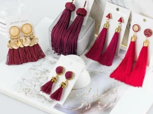 Crystal Long Drop Earrings for Women Red Cotton Silk Fabric Fringe Earrings 2021