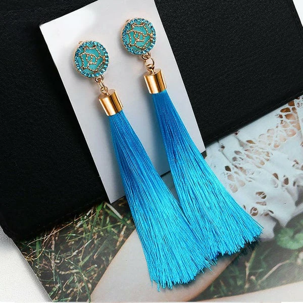 Crystal Long Drop Earrings para sa Babaye nga Red Cotton Silk Fabric Fringe Earrings 2021