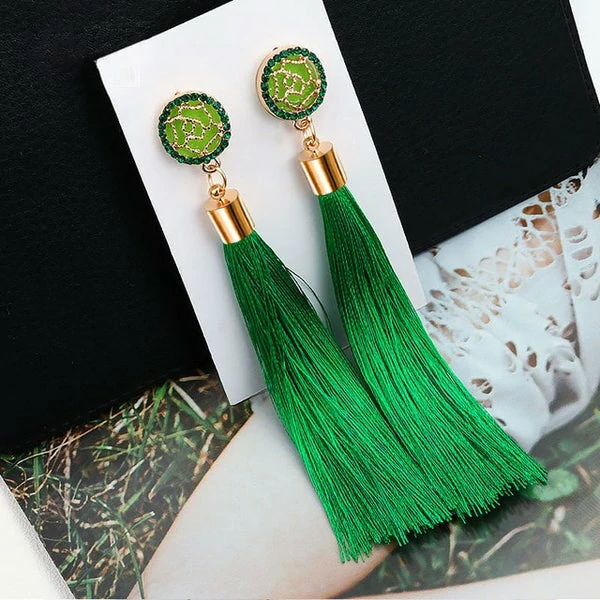 Crystal Ntev Tee Pob Ntseg rau Cov Poj Niam Liab Paj Rwb Silk Fabric Fringe Earrings 2021