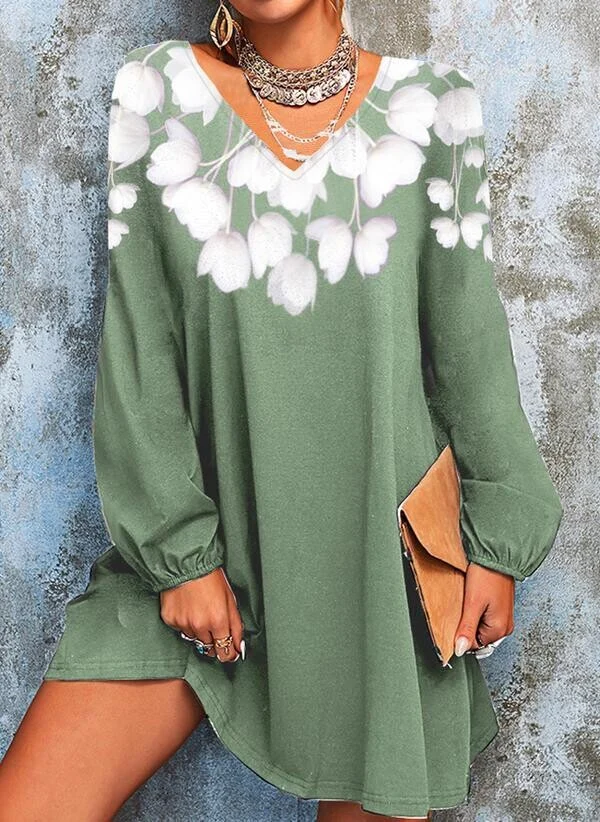 Temperament funfun flower tẹjade pullover imura