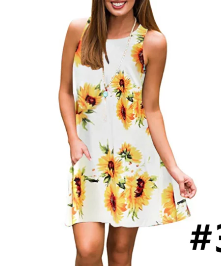 Vestido feminino casual sem mangas com decote em U estampado