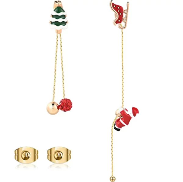 14k Gold Clip Santa Claus Christmas Tree Earrings