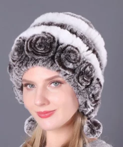 Lady Warm Flowers Striped Real Rex Rabbit Fur Hats