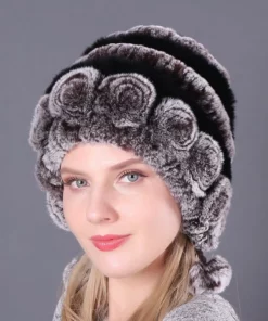 Lady Warm Flowers Striped Real Rex Rabbit Fur Hats