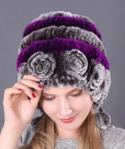 Lady Warm Flowers Striped Real Rex Rabbit Fur Hats