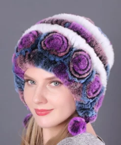 Lady Warm Flowers Striped Real Rex Rabbit Fur Hats
