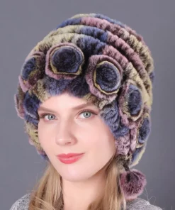 Lady Warm Flowers Striped Real Rex Rabbit Fur Hats