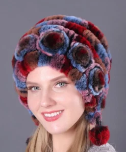 Lady Warm Flowers Striped Real Rex Rabbit Fur Hats