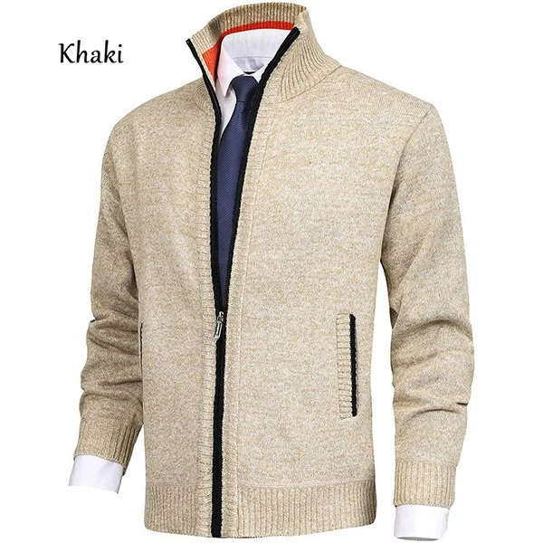 Lalaki Pantun Warna Padet Nangtung kerah Cardigan Sweater Knit Jaket