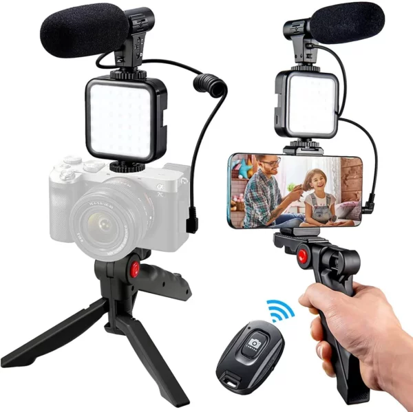 Kit de micrófono de vídeo profesional con trípode e luz LED
