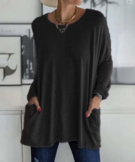 Round Neck Long Sleeve Loose Pocket Solid T-Shirt