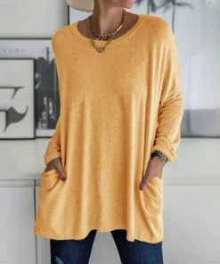 Round Neck Long Sleeve Loose Pocket Solid T-Shirt