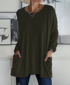 Round Neck Long Sleeve Loose Pocket Solid T-Shirt