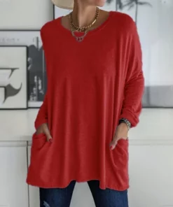 Round Neck Long Sleeve Loose Pocket Solid T-Shirt