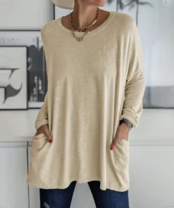 Round Neck Long Sleeve Loose Pocket Solid T-Shirt