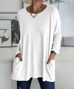 Round Neck Long Sleeve Loose Pocket Solid T-Shirt