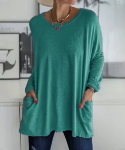 Round Neck Long Sleeve Loose Pocket Solid T-Shirt