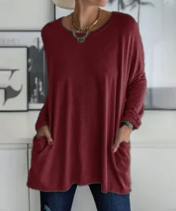 Round Neck Long Sleeve Loose Pocket Solid T-Shirt